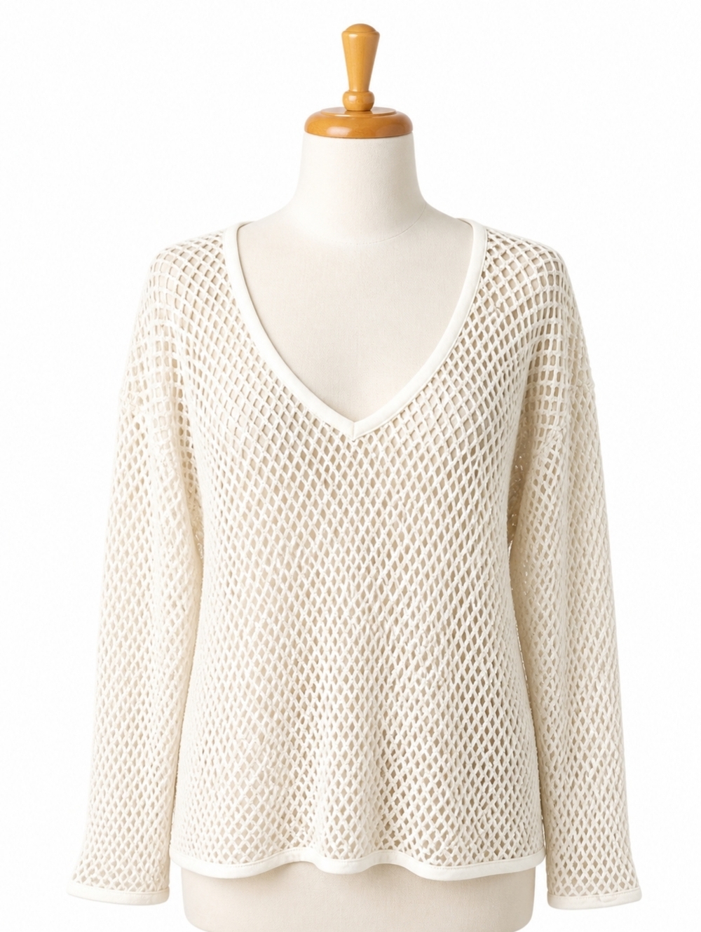 Fritzi Sport Vintage Cream Fishnet V-neck Pullover Sweater L Beach Casual Boho